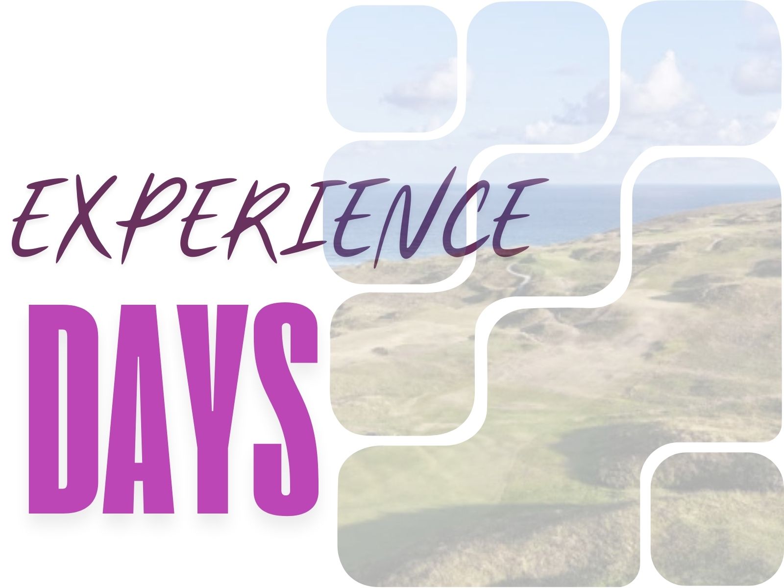 Text reads "EXPERIENCE DAYS" with a background of a scenic landscape and abstract white squares.