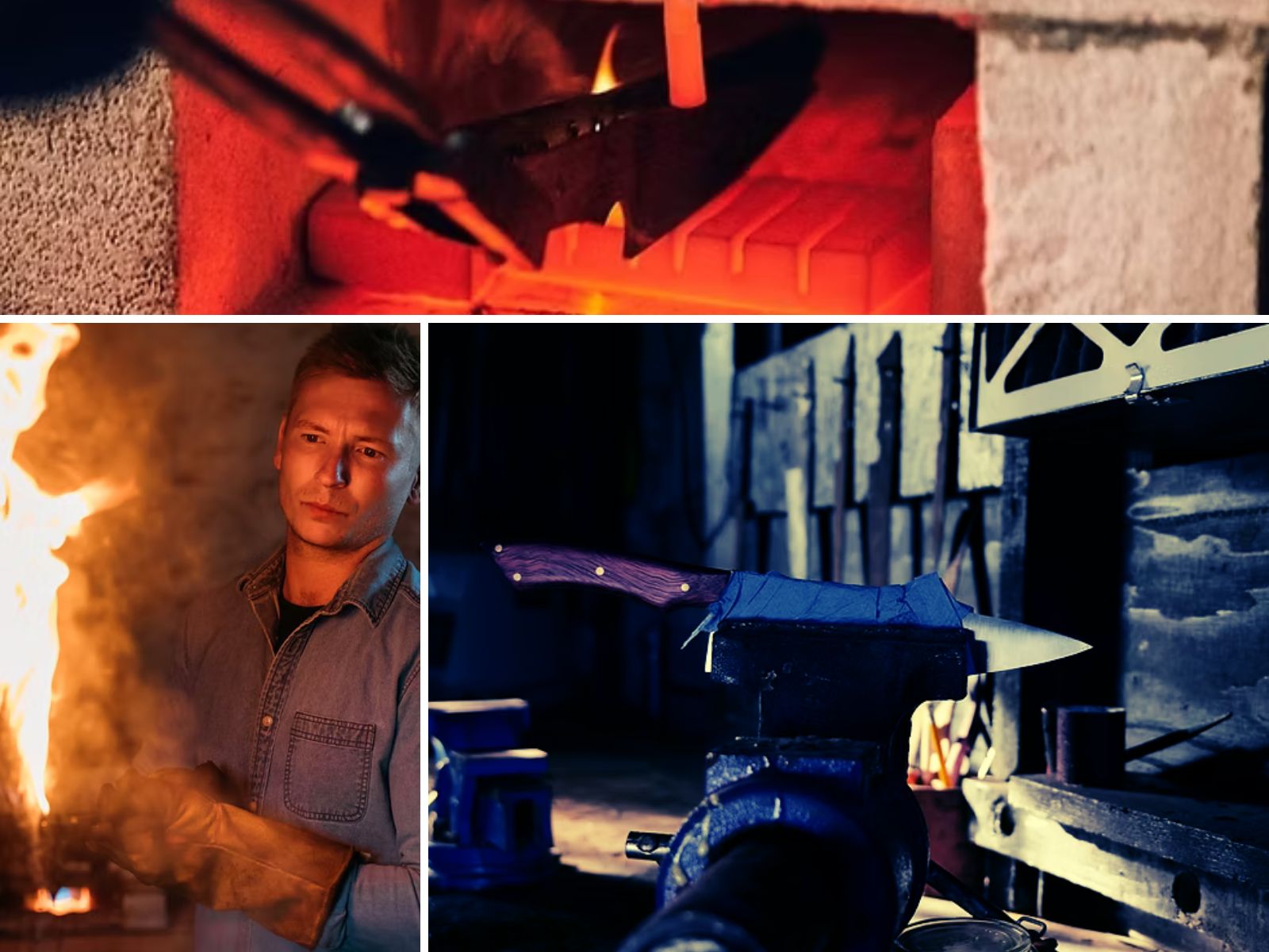 A man in gloves stands by a forge. Above, a knife is heated in the fire. Below, a finished knife rests on an anvil.