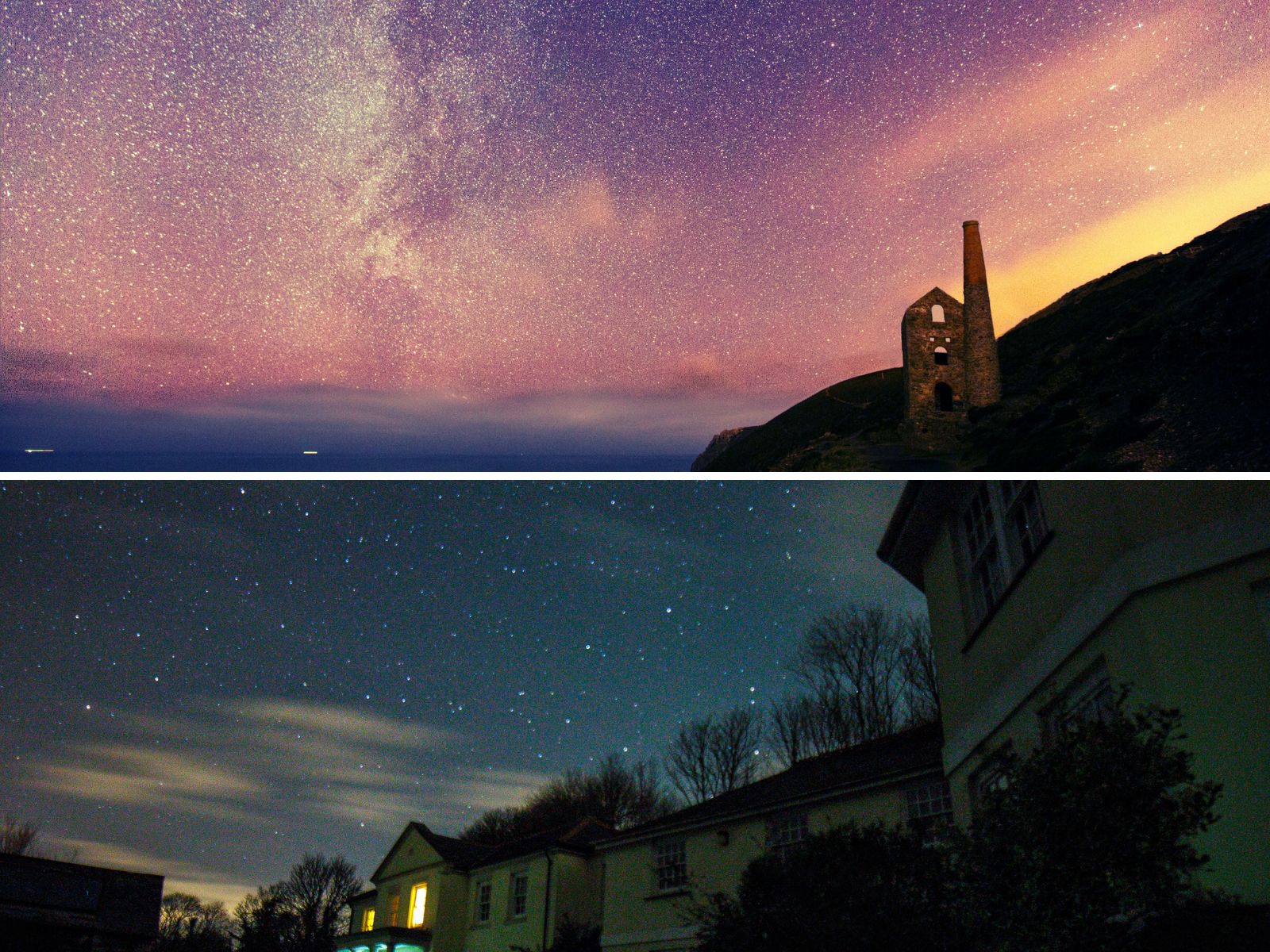 Collage of scenic night views including a ruin by the sea, a pub with a lit sign, and a building under a starry sky.