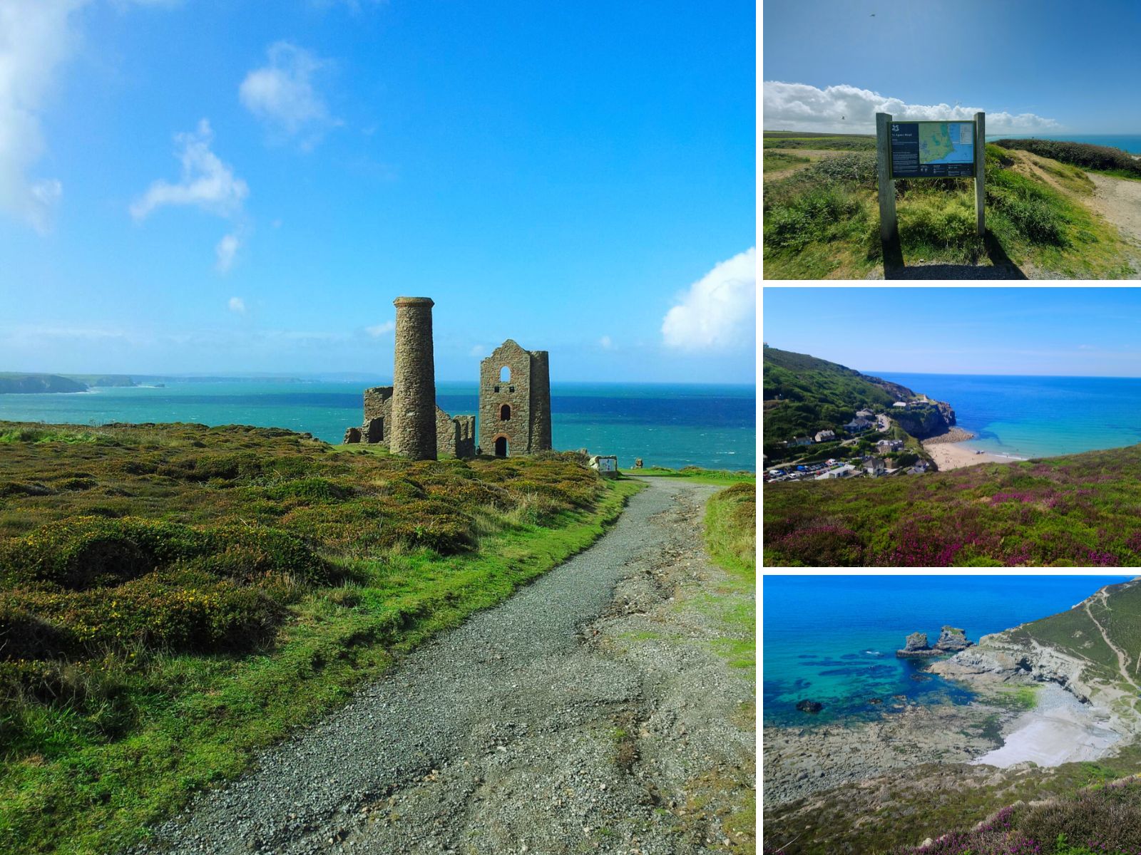 Collage of coastal scenes includes a path leading to old mine ruins, an information board, a beach, and turquoise waters with rocky cliffs.