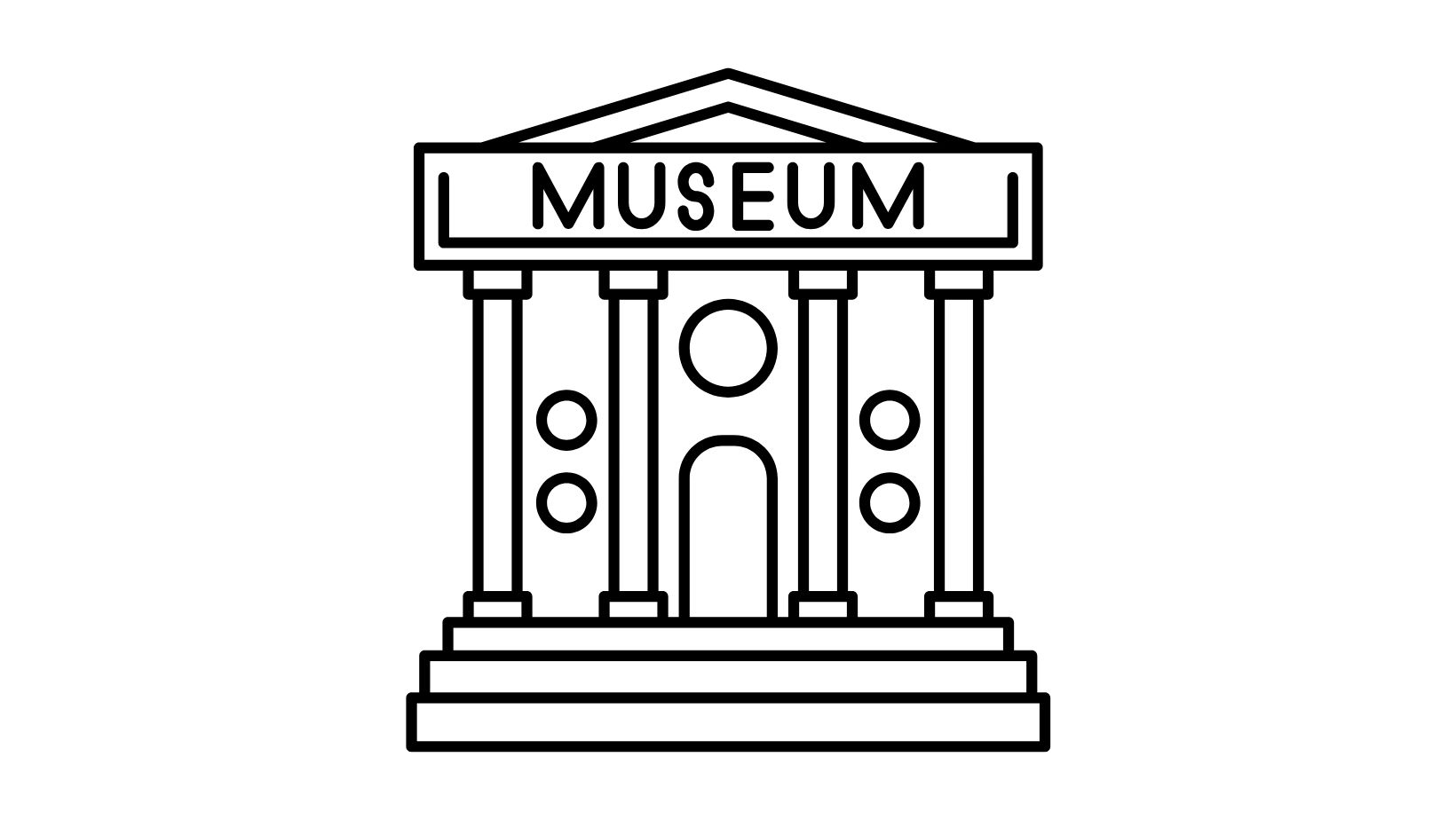 Black and white line drawing of a classical building with columns labeled "MUSEUM" at the top.