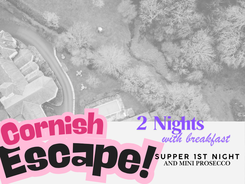 Aerial view of a house and garden with text promoting a "Cornish Escape" offer: 2 nights with breakfast, supper on first night, and mini prosecco.