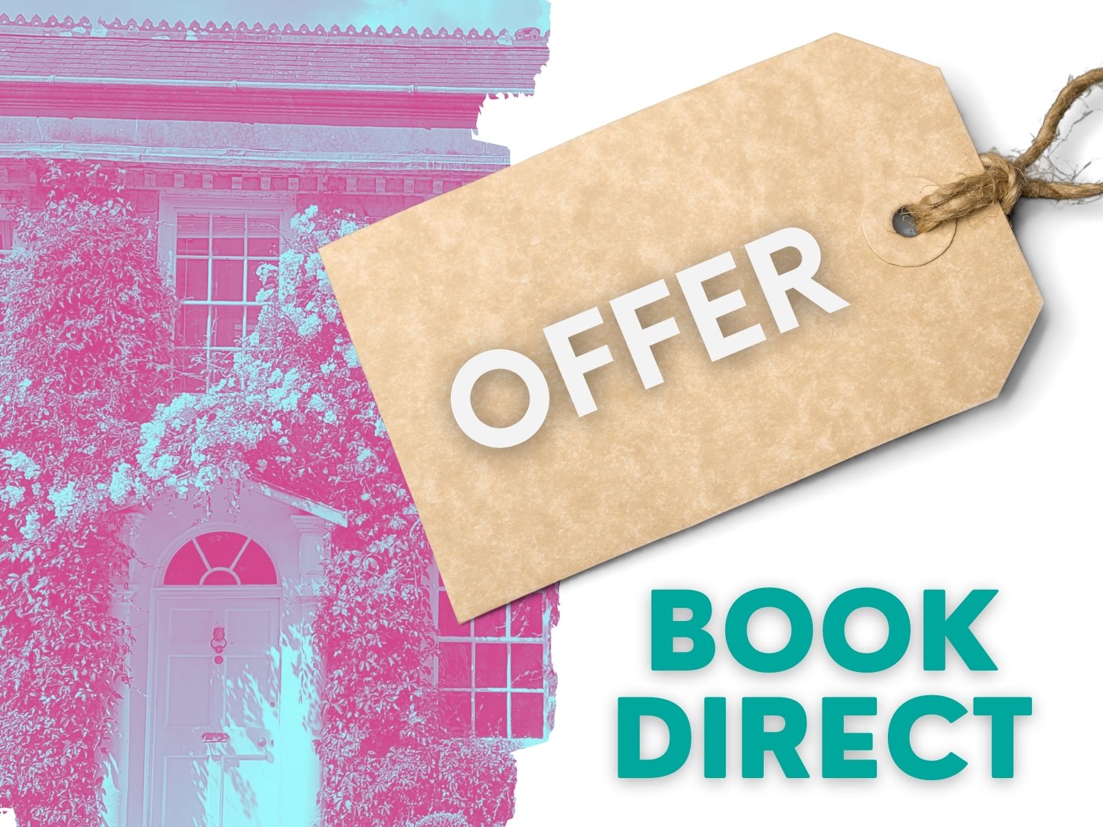 A brown tag with "OFFER" written on it is placed over an image of a house. The text "BOOK DIRECT" is written in large turquoise letters below.