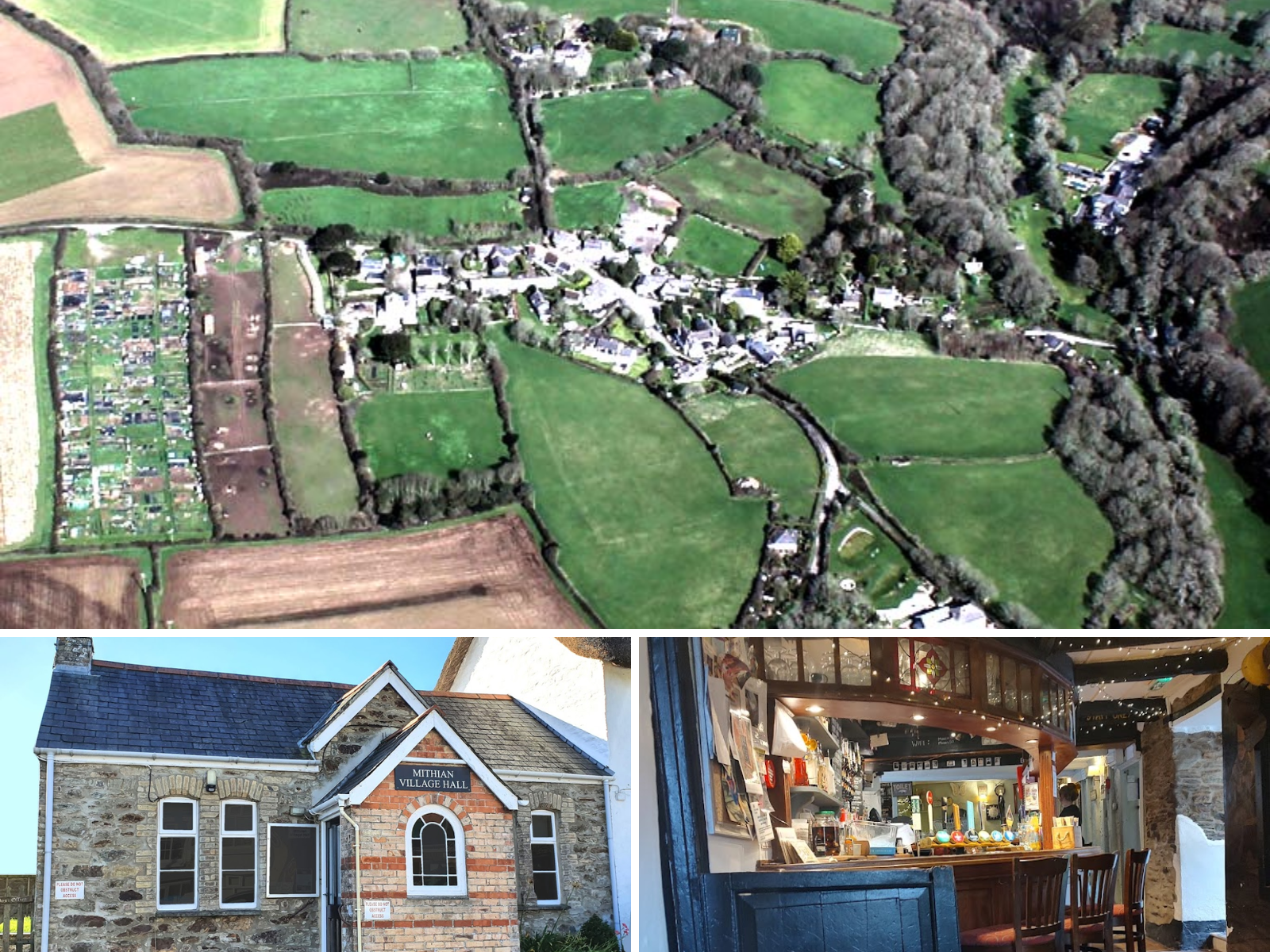 Aerial view of a countryside village with fields, a stone building with a sign "Miithian Village Hall" and an interior view of a pub with a wooden bar and hanging mugs.