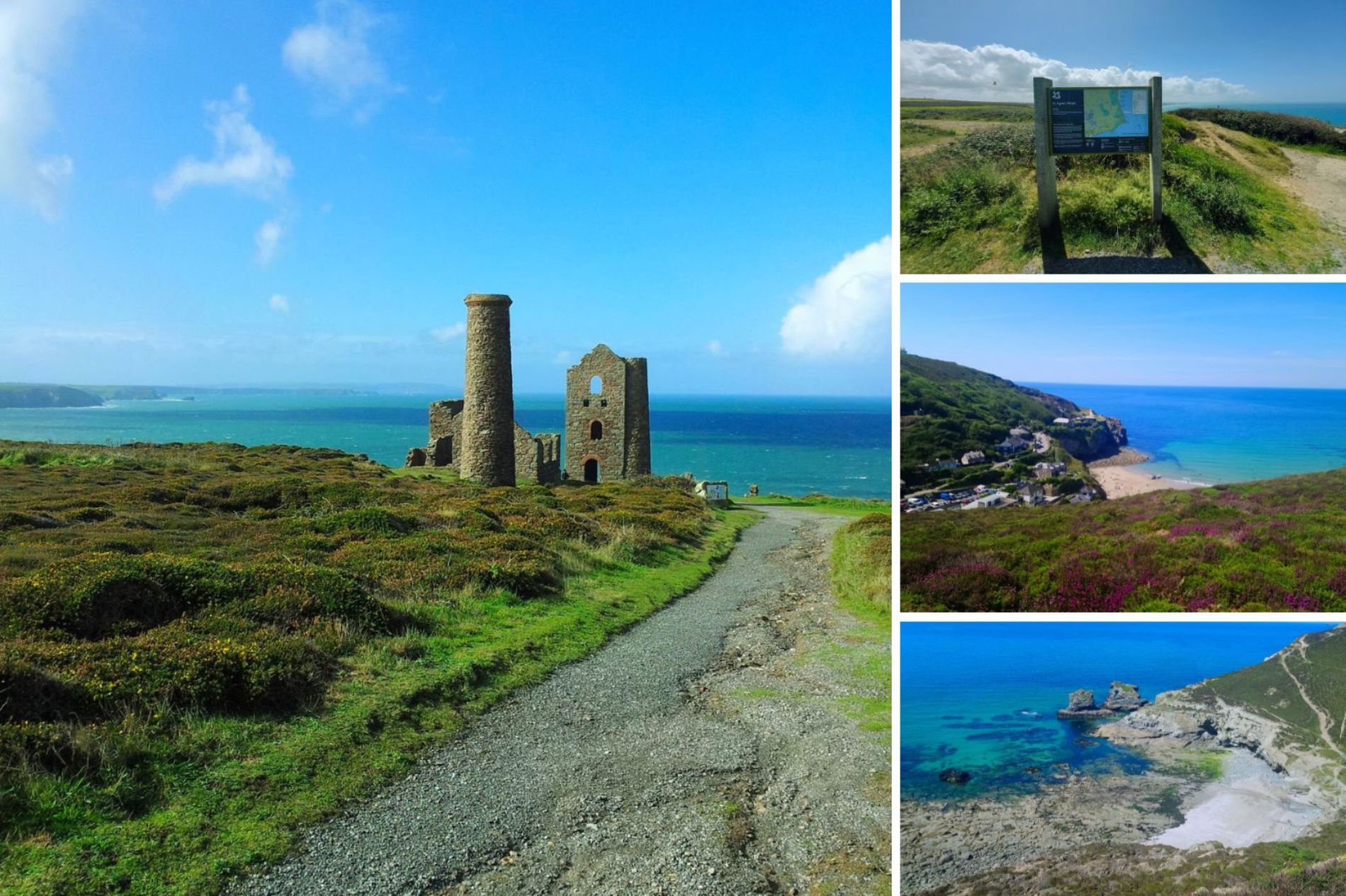 A coastal landscape with old mining ruins, a winding path, and views of cliffs, ocean, a beach, and a signpost overlooking the sea under a clear blue sky.