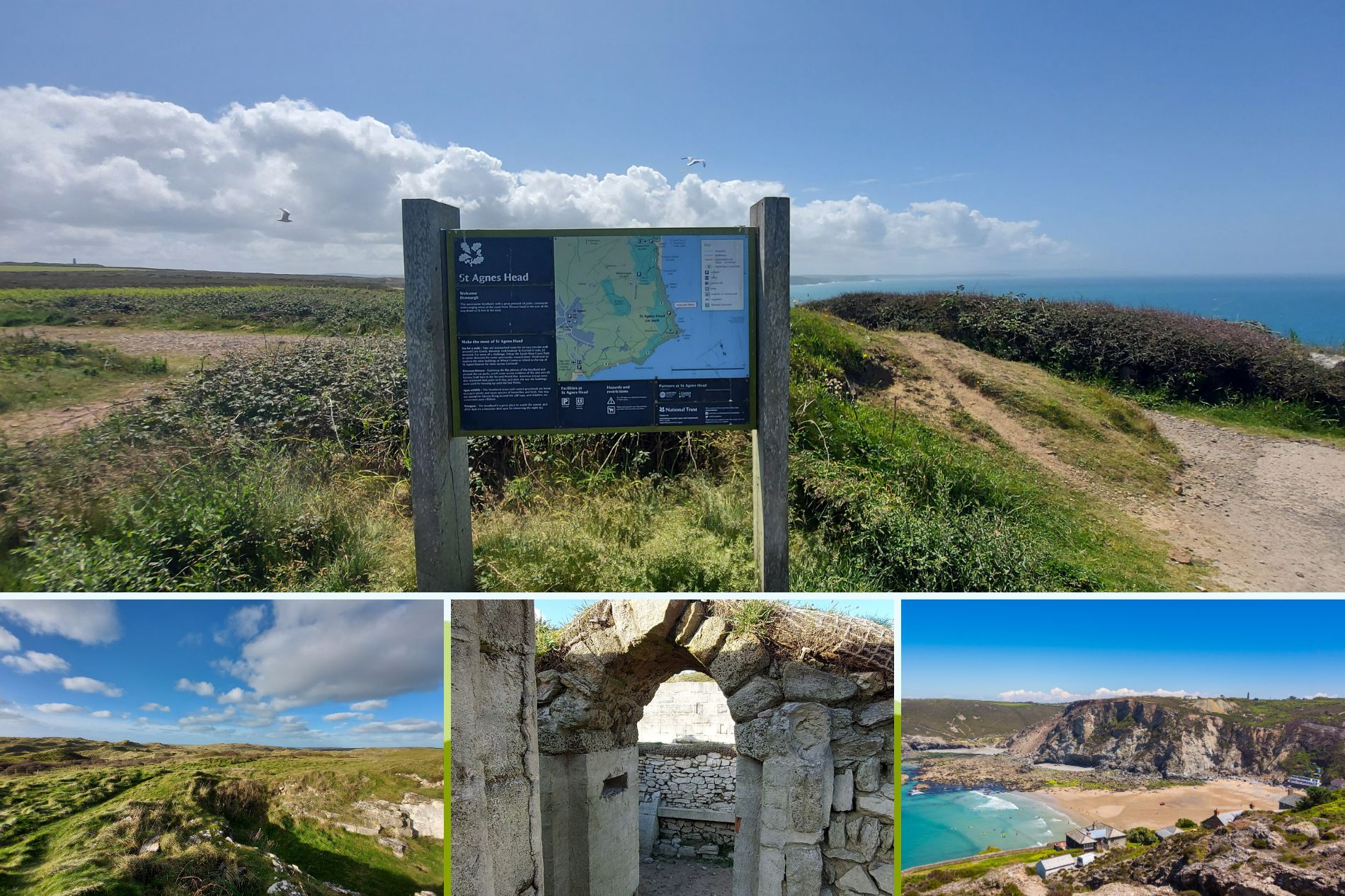 A collage shows a coastal path sign at St Agnes Head, grassy cliffs, stone ruins, and a sandy beach with blue sea under a partly cloudy sky.