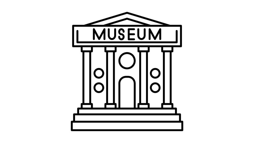 Black and white line drawing of a classical building with columns labeled 