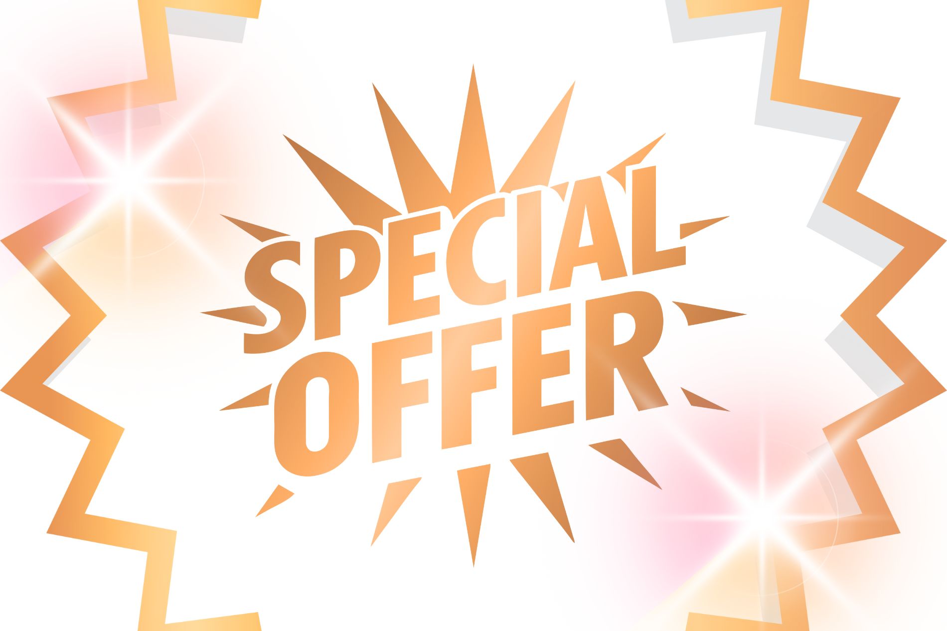 Orange text reading "Special Offer" with starburst lines and a jagged border, set against a white background with bright light effects.